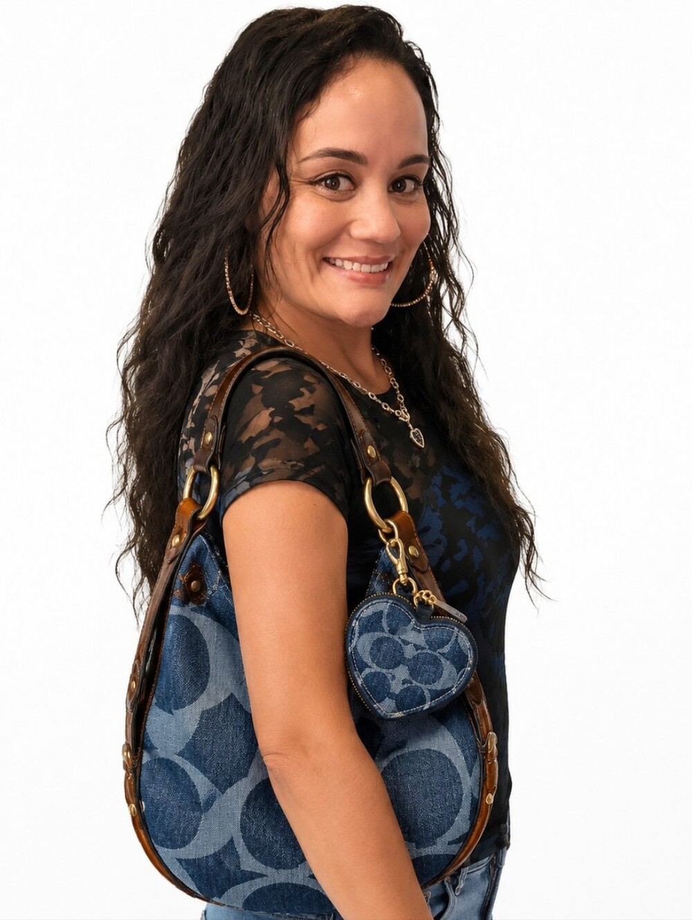 MRS215 Runway: Coach Denim Heart Zip Key / Coin Pouch Gold Hardware Clip NWT - Picture 3 of 4